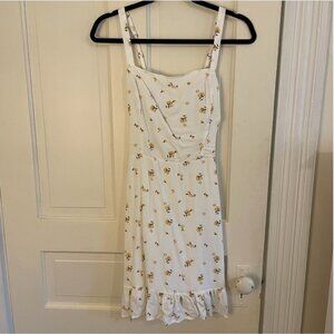 Hollister White Floral Mini Dress – Smocked Back, Ruffle Hem – Size M